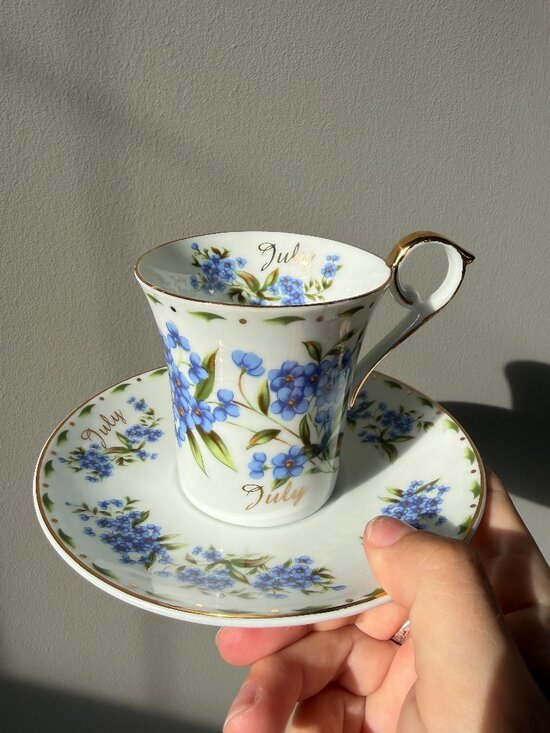 Other - 3/$30 🌟 Vintage July Floral Teacup & Saucer Set – Gold Trim Blue Forget-Me-Nots